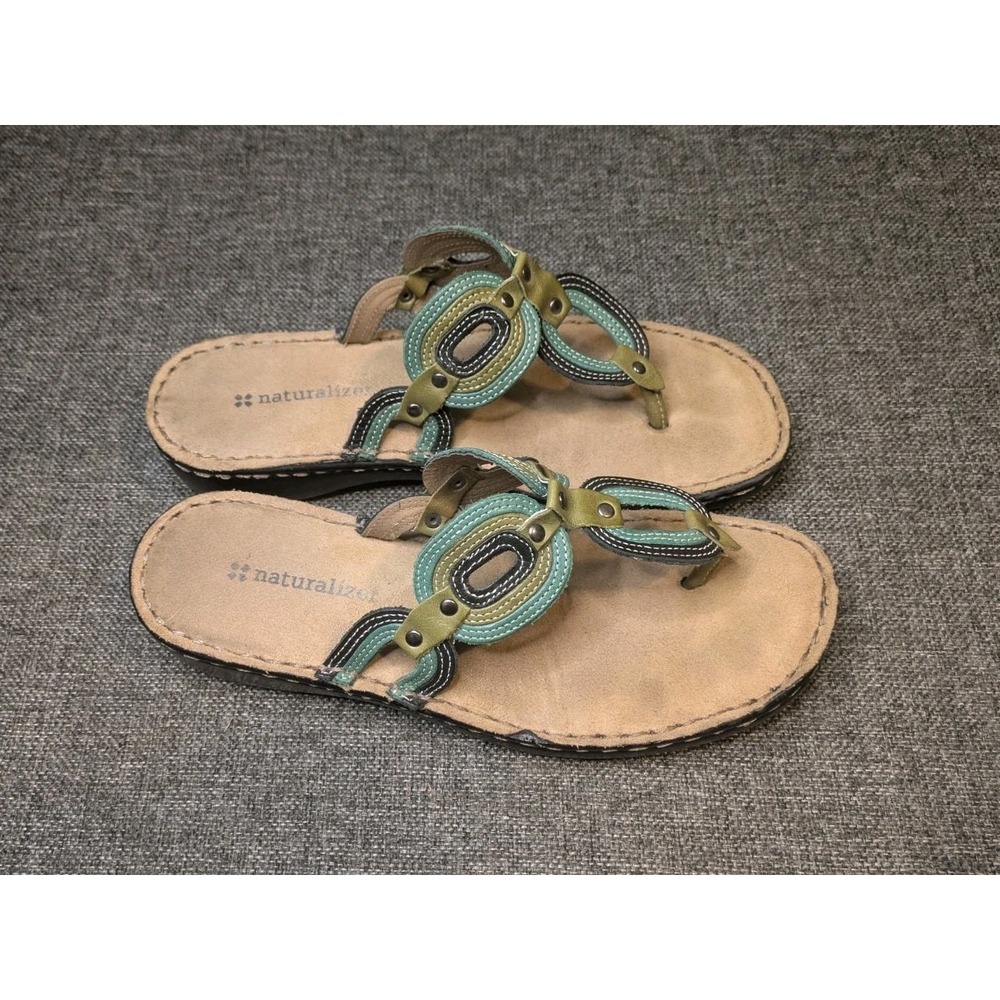 Naturalizer Women's Theyer Leather Cute Sandals Gray Navy Size 7 M Slip On Shoes